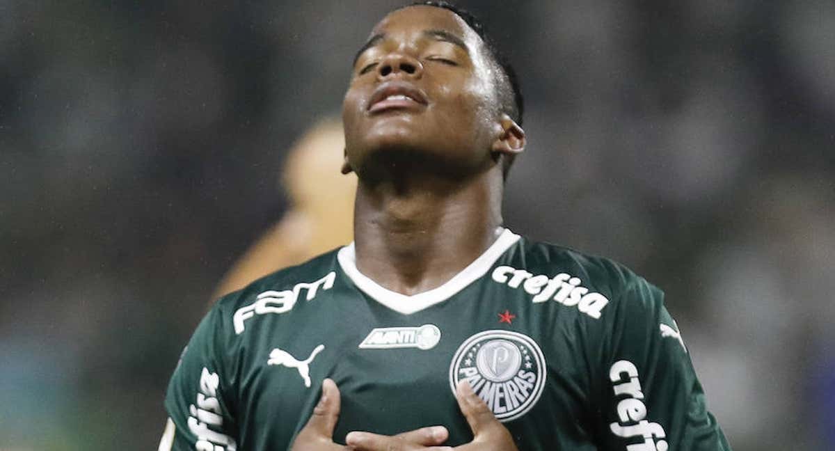 Endrick celebra un gol con el Palmeiras. /GETTY