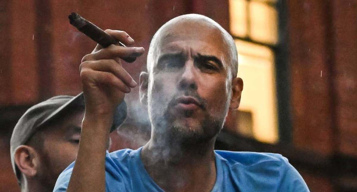 Pep Guardiola, durante la celebración del triplete./AFP