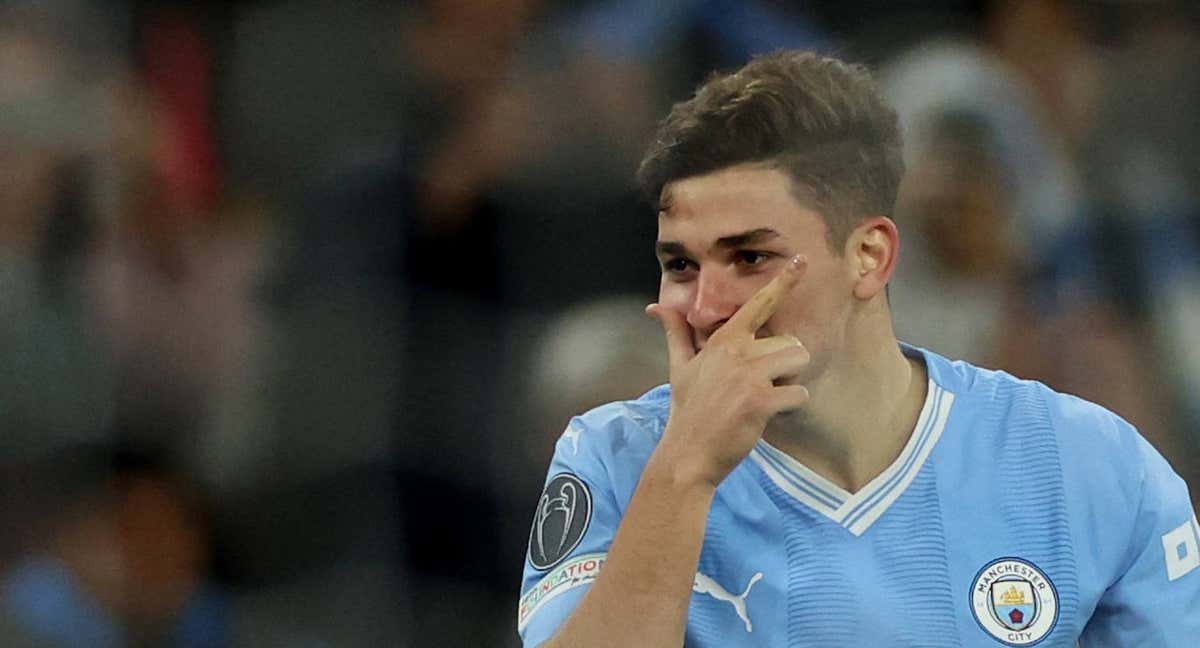 Julián Álvarez celebra uno de sus goles esta temporada./REUTERS