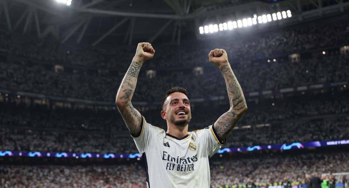 Joselu celebra un triunfo con el Real Madrid./AFP
