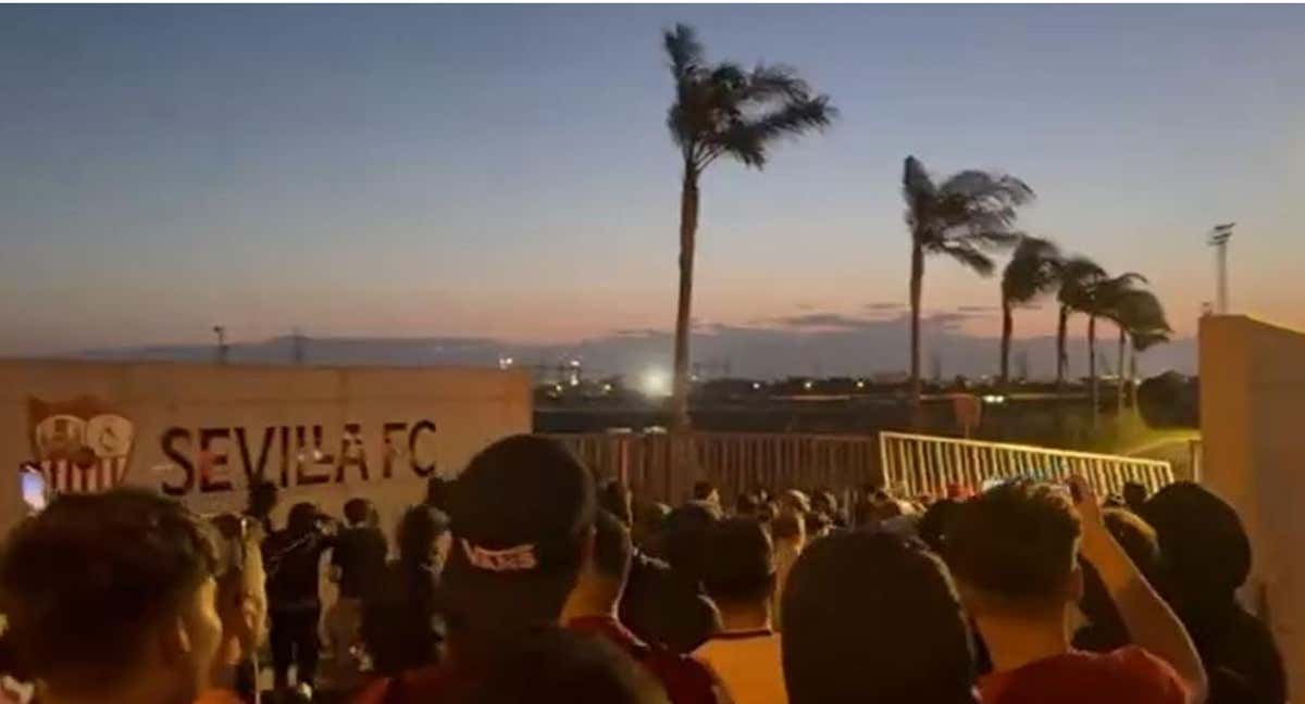 Los aficionados del Sevilla echan abajo la puerta de la ciudad deportiva./