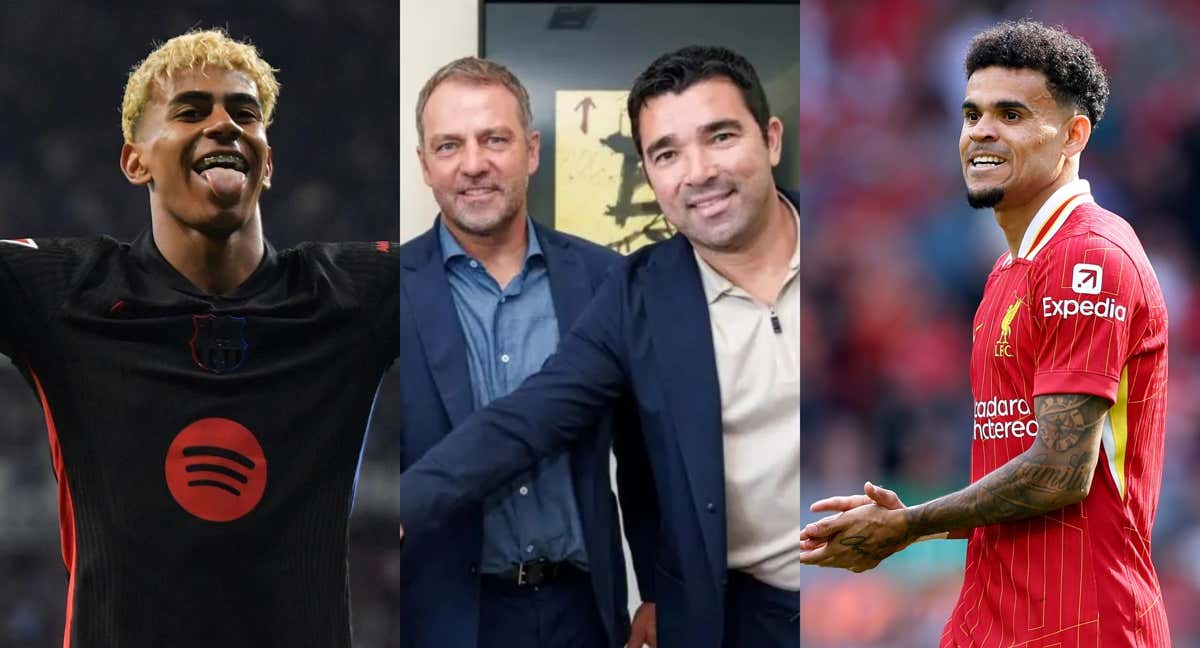 Lamine Yamal, Flick y Deco; y Luis Díaz, en un partido con el Liverpool. /EFE/RELEVO