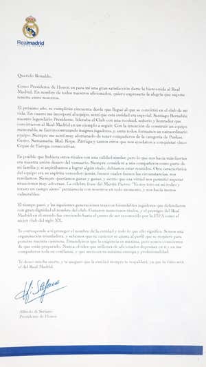 Carta íntegra de Di Stéfano a Ronaldo. RELEVO