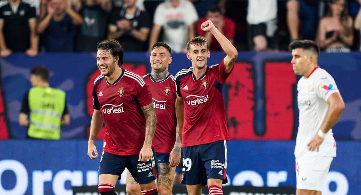 Aimar Oroz celebra su primer gol de la temporada ante el Sevilla./GETTY