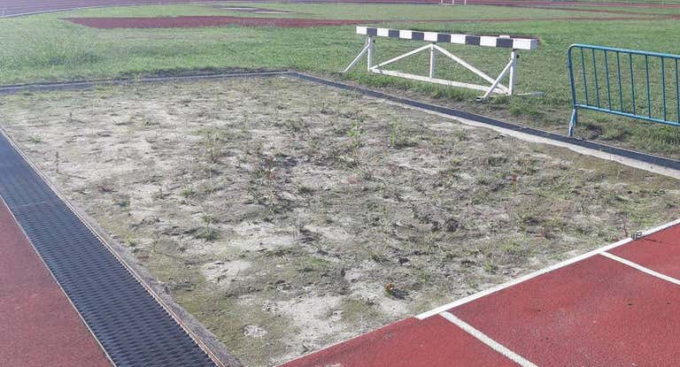 El foso de arena de la pista viguesa, con hierbas y plantas en el interior y vallas alrededor.