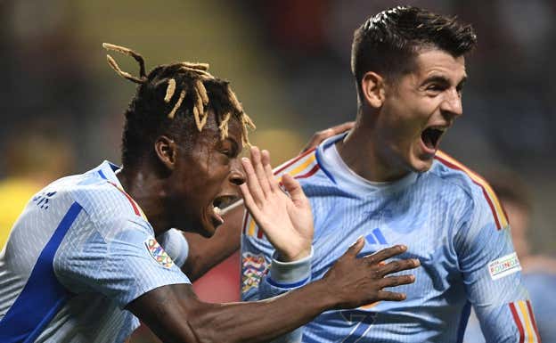 Morata y Nico Williams celebran el gol contra Portugal. Getty