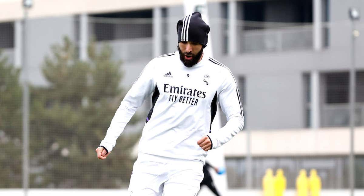 Karim Benzema entrenando en Valdebebas./Getty