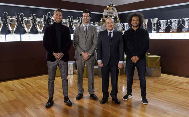Solari, junto a Ramos, Florentino y Marcelo en la navidad de 2018. Getty