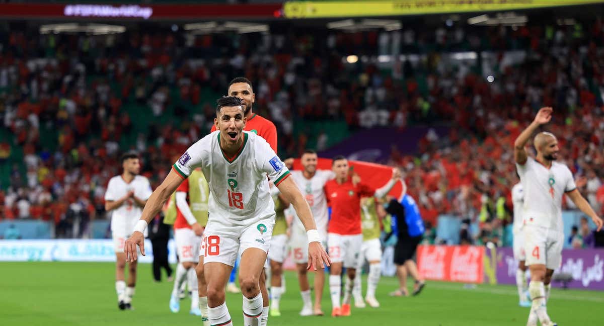 Los jugadores de Marruecos celebran el triunfo ante Bélgica.