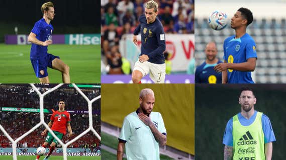 Seis protagonistas de los cuartos de final Catar 2022: Achraf, Neymar, Messi, De Jong y Griezmann. /AFP