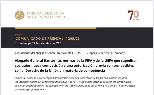 Imagen del comunicado emitido por el Tribunal de Justicia de la Unión Europea. TJUE