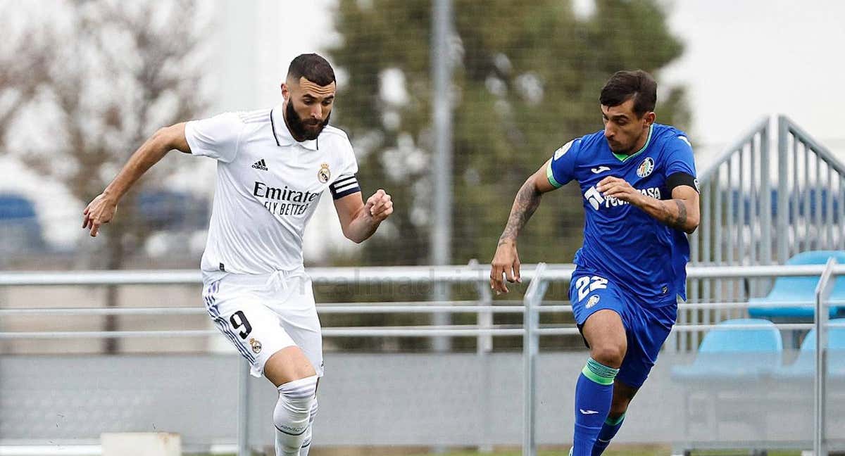 Benzema, en el partido de entrenamiento contra el Getafe./REAL MADRID