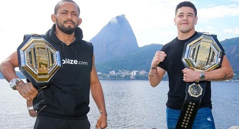 Deiveson Figueiredo y Brandon Moreno posan en la presentación de su combate en el UFC 283.