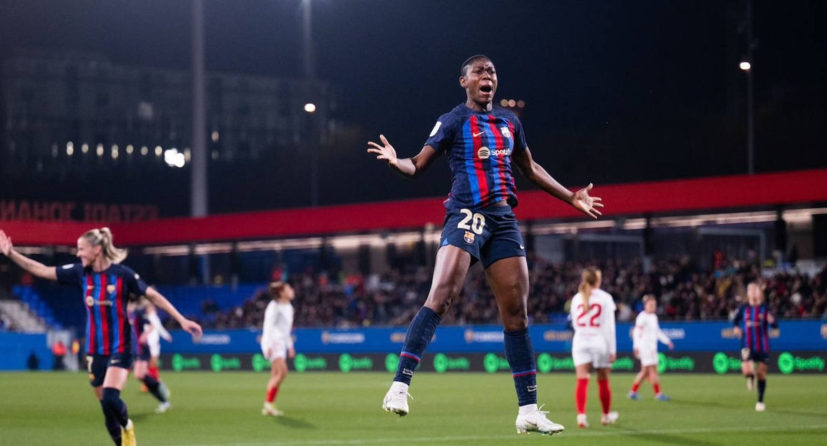 Oshoala celebrando un gol contra el Sevilla.