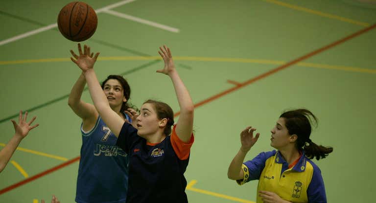 Un grupo de chicas juega al baloncesto.