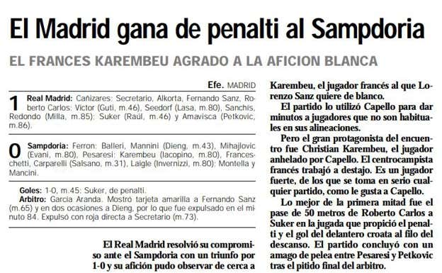 Ficha del amistoso entre el Real Madrid y la Sampdoria de 1996.  ABC