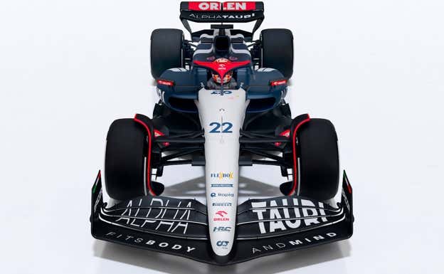 Vista frontal de la decoración del AT04 para la F1 2023.  AlphaTauri