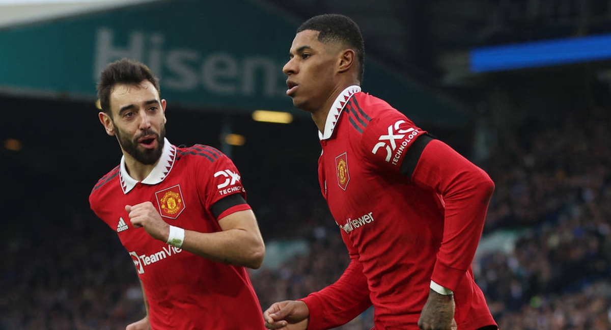 Marcus Rashford celebra su gol al Leeds.
