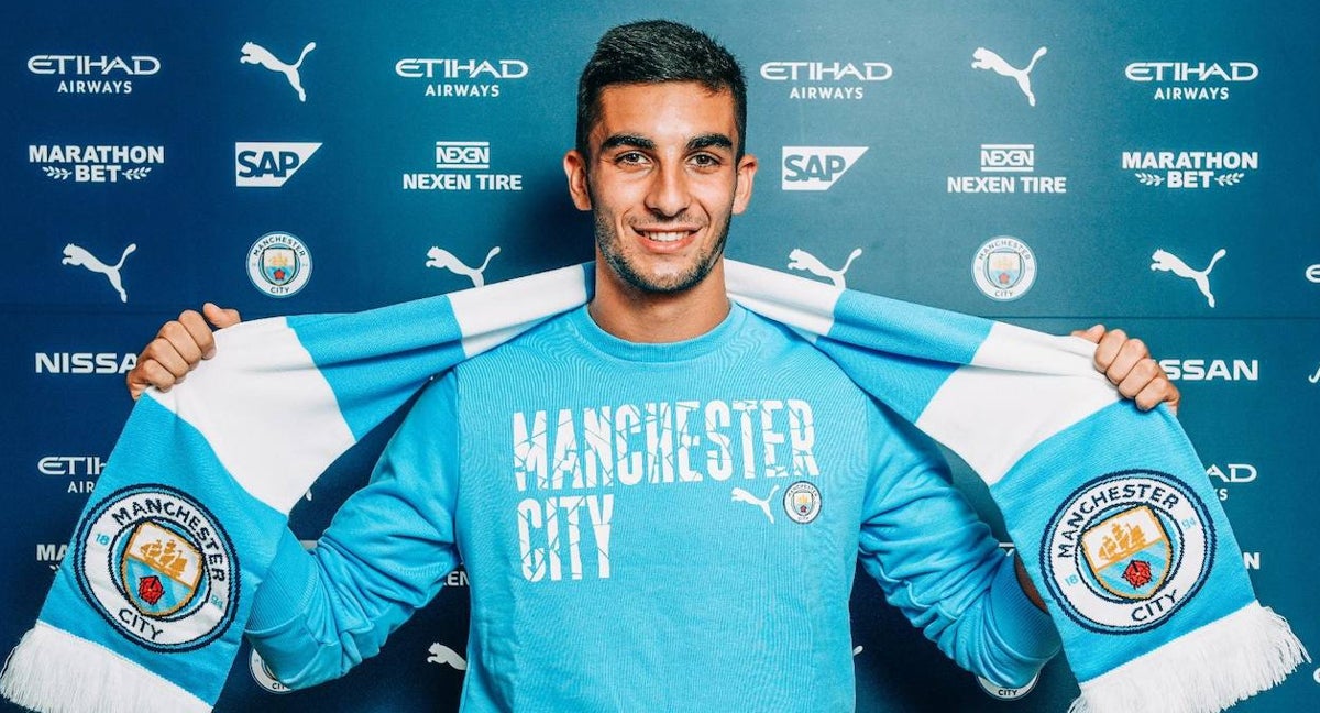Ferran Torres, durante su presentación con el Manchester City.