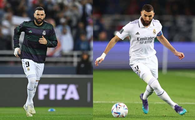 Benzema calienta con unas botas contra el Al Hilal pero juega con otras. Getty