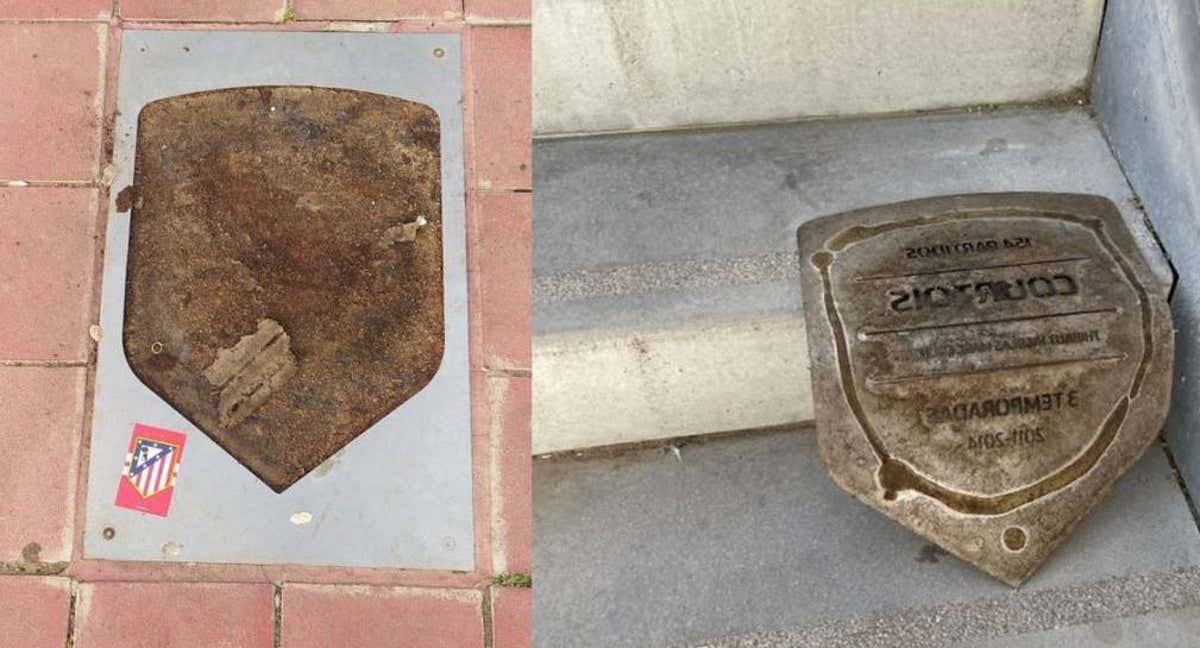 Así apareció la placa de Courtois en el Metropolitano el pasado 30 de mayo./