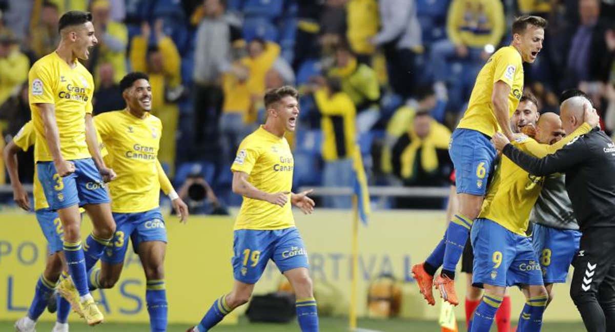 Los jugadores de Las Palmas celebran uno de los tantos marcados ante la Ponferradina./LaLiga Smartbank