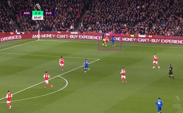 Tras robo, Zinchenko se va hacia el banderín incitando al Everton a presionar y descubrir su espalda. El Arsenal se junta.