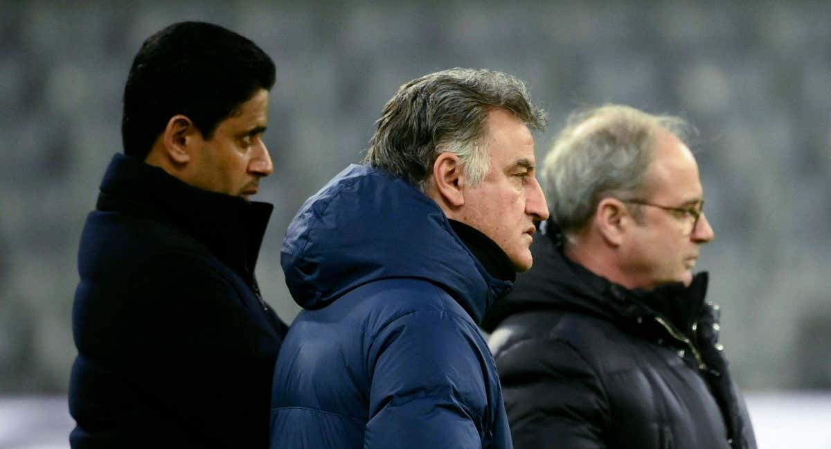 Al-Khelaifi, Christophe Galtier y Luis Campos en la previa del partido ante el Bayern. /AFP