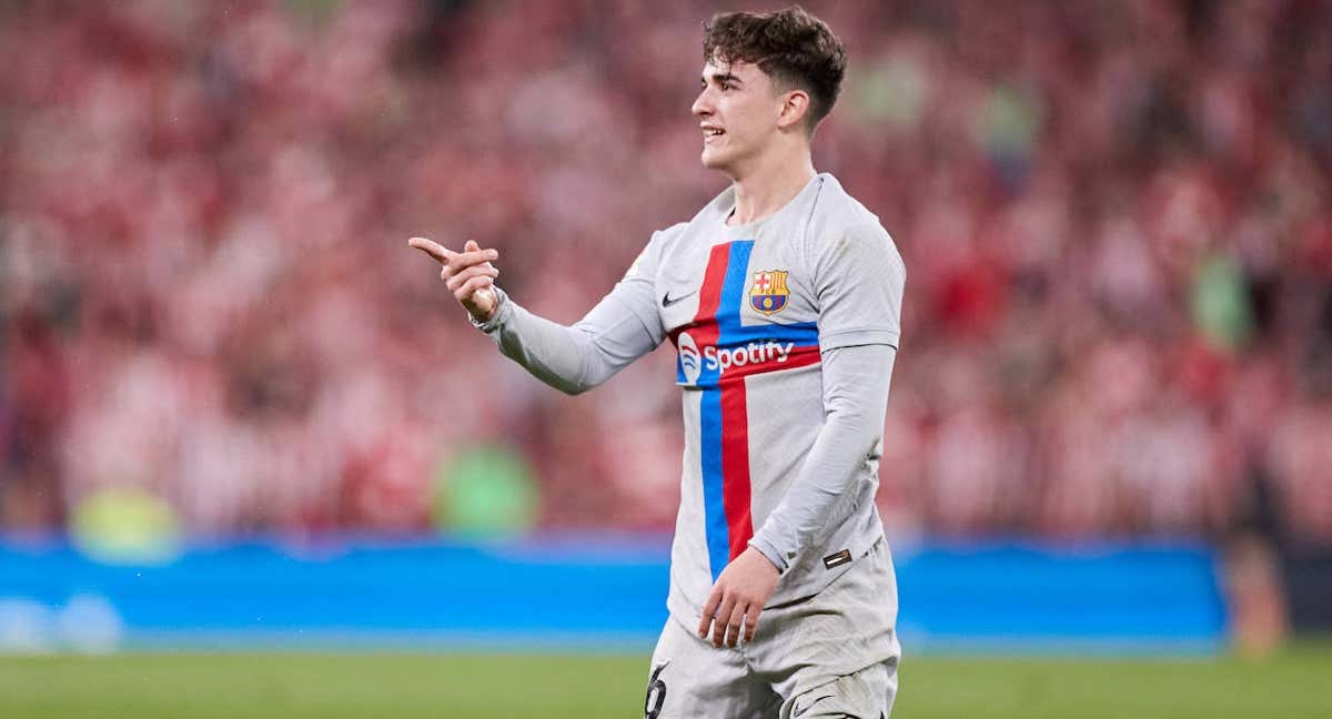 El jugador del Barcelona, Gavi, durante un partido de la presenta temporada./EP