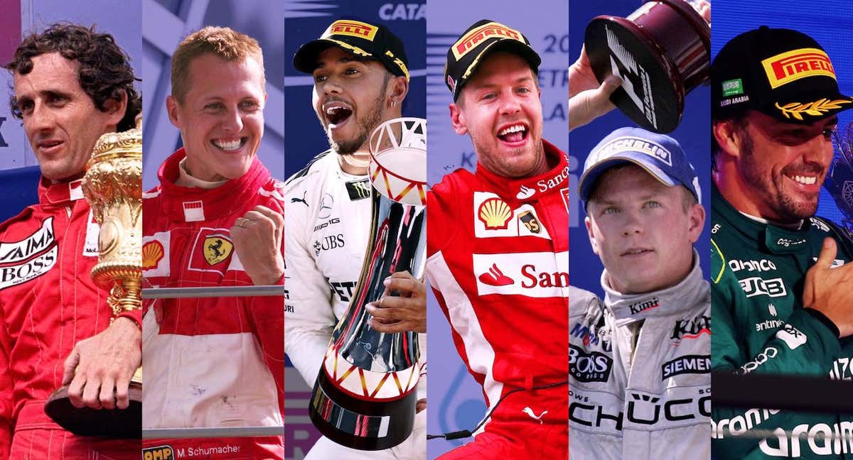 El club de los 100 podios: Alain Prost, Michael Schumacher, Lewis Hamilton, Sebastian Vettel, Kimi Raikkonen y Fernando Alonso.