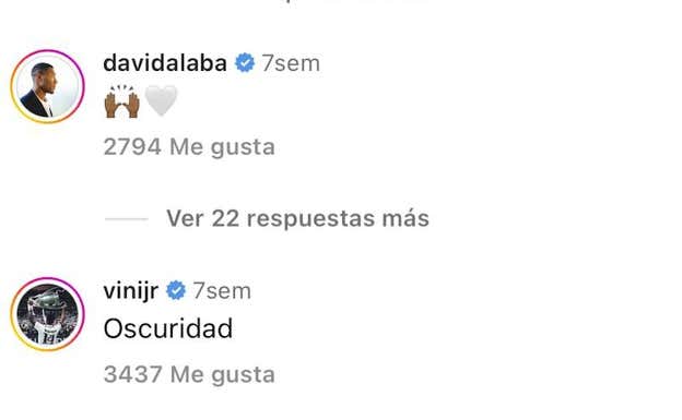 El comentario de Vinicius a una publicación de Benzema. IG DE BENZEMA