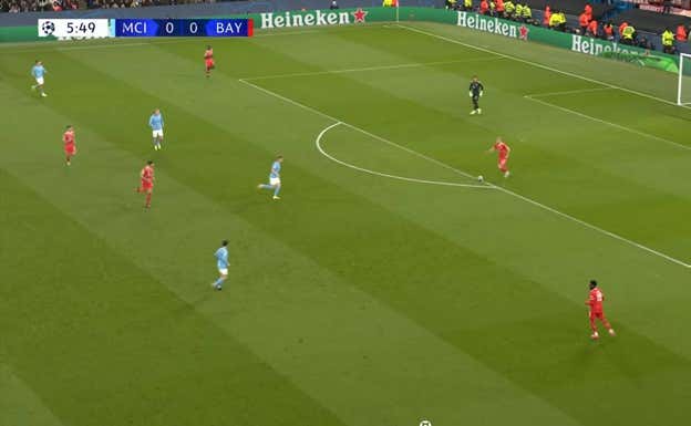 Hasta 4 jugadores del City en primera línea, buscando tapar pases dentro a la vez que llevar la pelota fuera siendo agresivos.