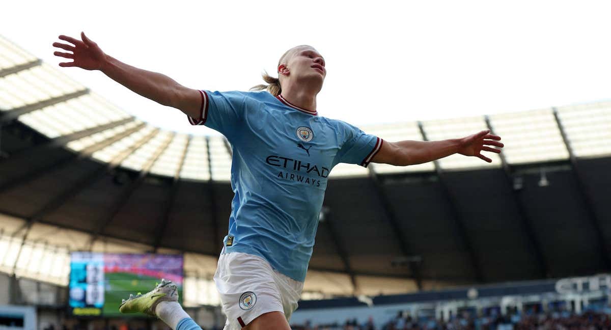 Haaland celebra su segundo gol de la tarde.