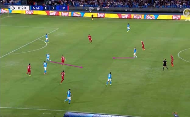 Una de las claves del Napoli es el uso del tercer hombre para poner de cara al pasador inicial o activar a un cercano. Los centrocampistas suelen juntarse bastante en determinadas fases, huyendo así de sus zonas de inicio.
