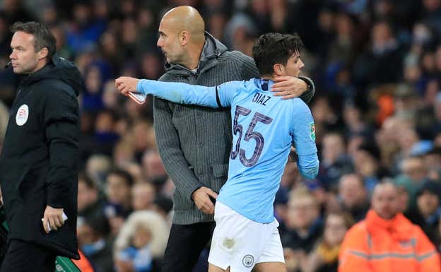 Pep Guardiola y Brahim, en el Manchester City. Getty Images