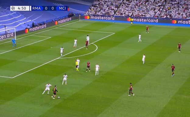 Las posiciones de Rodrygo y Kroos tapan el intervalo entre Rüdiger y Carvajal, que junto a Camavinga cierran el área para que Haaland no intervenga.