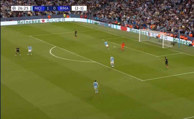 Grealish saltando sobre Courtois obligando a jugar en largo, tapando el pase sobre centrales.