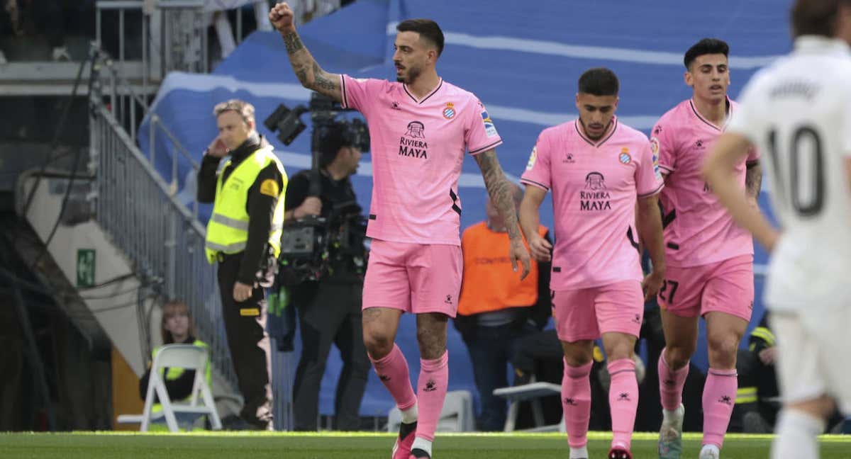 Joselu celebra el gol que marcó en el Bernabéu esta temporada./GETTY