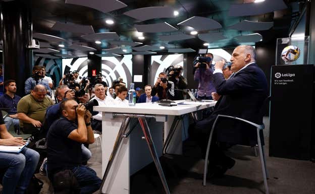 Tebas, en la comparecencia por los incidentes con Vinicius. Oscar J. Barroso / Afp