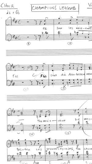 Extracto de una partitura escrita por Tony Britten, el compositor del himno de la Champions.  T.B.