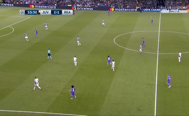 Estructura del Real Madrid de Zidane en la final de la Champions League de 2017 ante la Juventus, con cuatro centrocampistas, siendo Isco la punta del rombo.  WYSCOUT