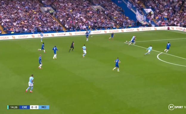 Desde parado, el portugués mete un pase al espacio entre central y lateral para la carrera de De Bruyne, generando una situación de peligro.  WYSCOUT