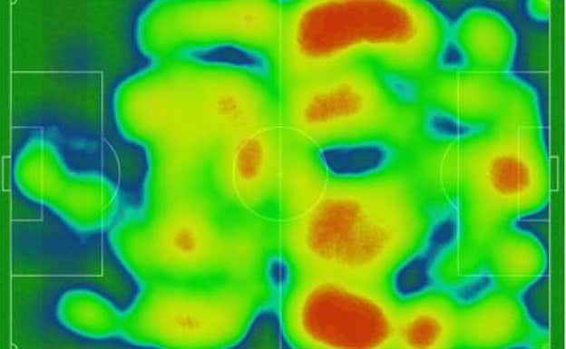 Mapa de calor de la Selección Española ante Suiza en los cuartos de final del Mundial.  Relevo