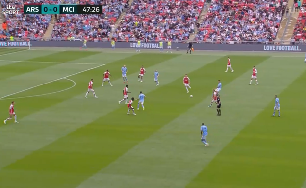En el segundo tiempo, Bernardo Silva pasó a jugar de interior, dejando la banda derecha despoblada, y el City pasó a tener mayor presencia en el campo del Arsenal.  WYSCOUT
