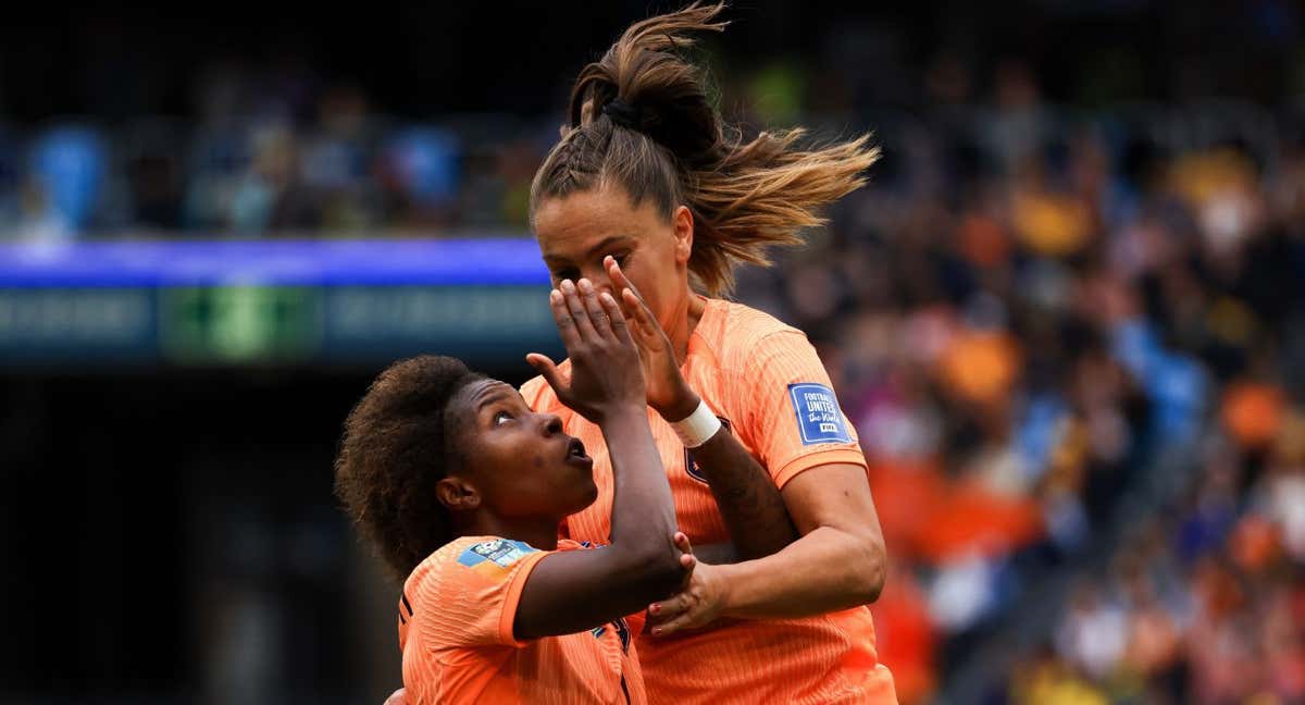 Países Bajos, celebrando uno de los dos goles antes Sudáfrica.