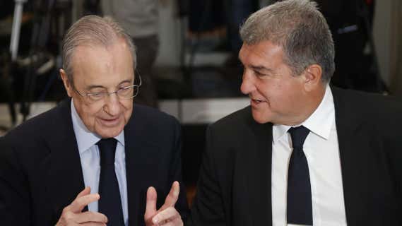 Florentino Pérez y Laporta en una imagen de archivo en un acto de la Superliga en Madrid./