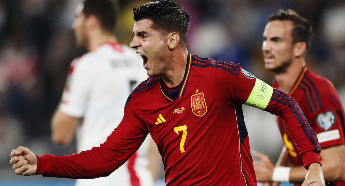 Morata celebra su primer gol contra Georgia./RFEF