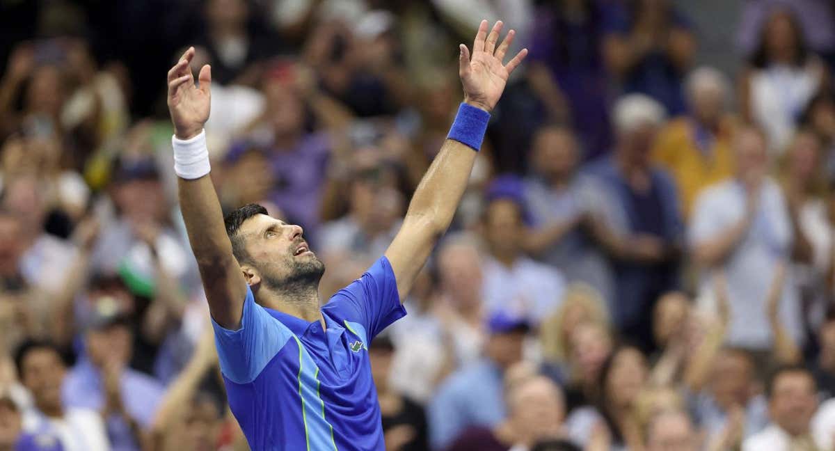 Novak Djokovic celebra, brazos en alto, su triunfo en el US Open./AFP