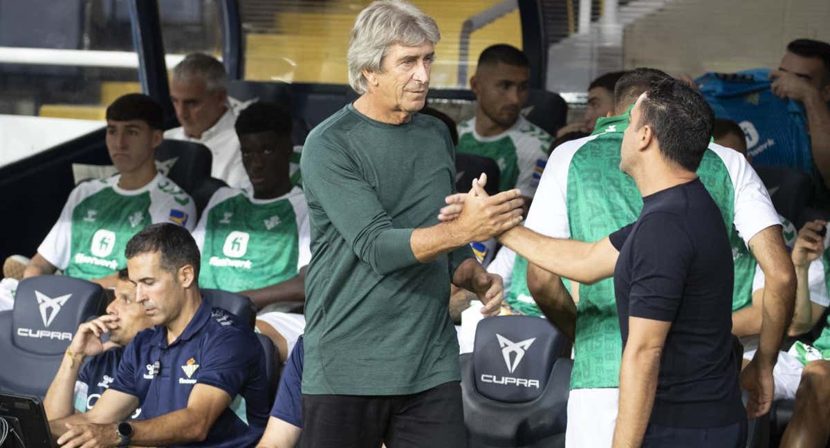 Xavi y Pellegrini se saludan antes del partido. /EFE