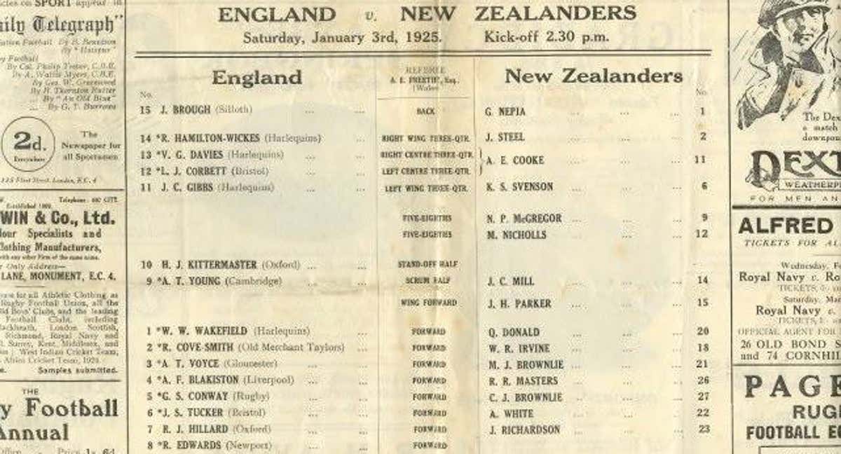 Programa partido Inglaterra vs All Blacks 1925. /All Blacks
